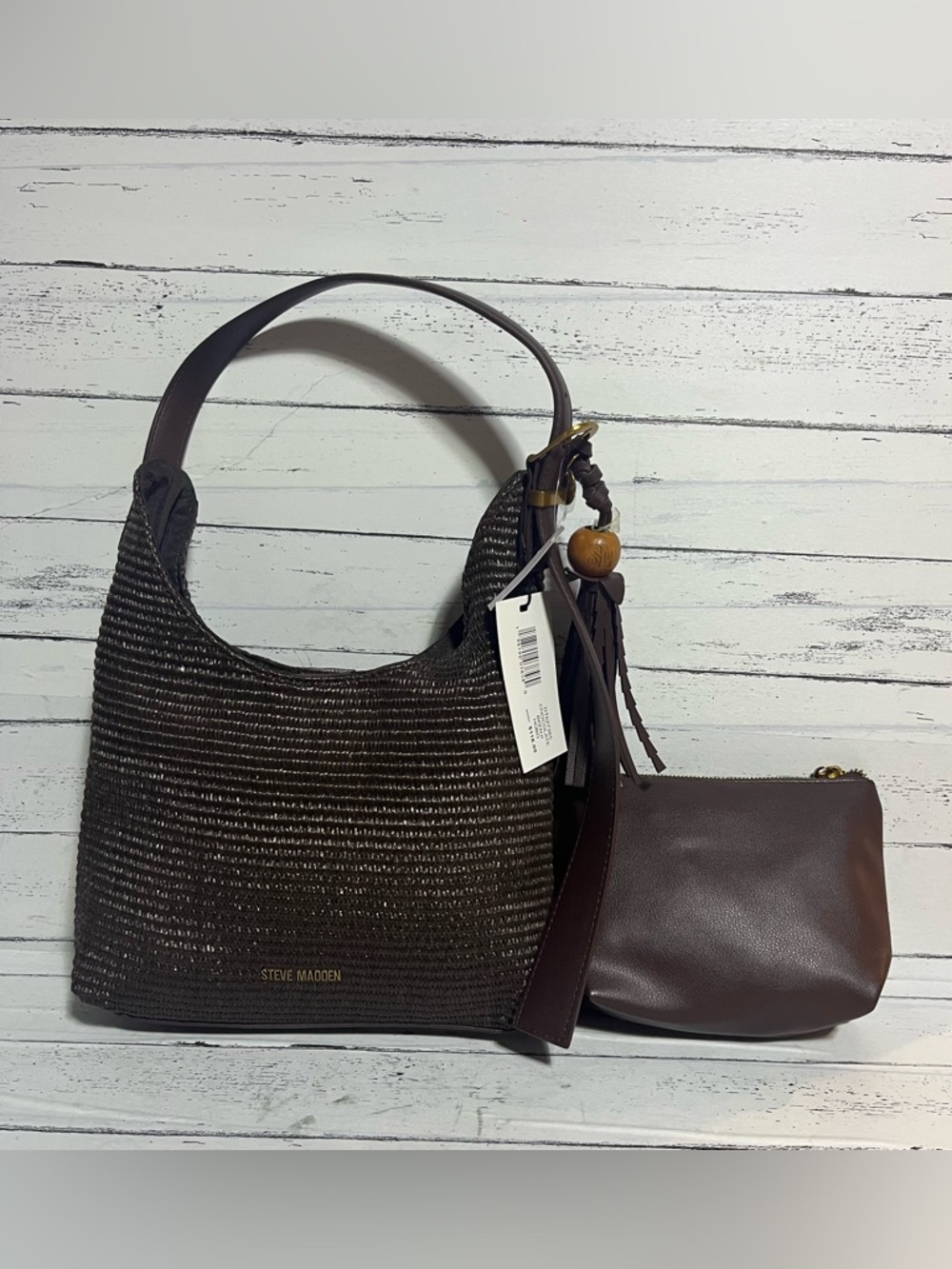 NWT Steve Madden Chocolate Brown Raffia Woven Hobo Bag Tassel & Cosmetic Pouch